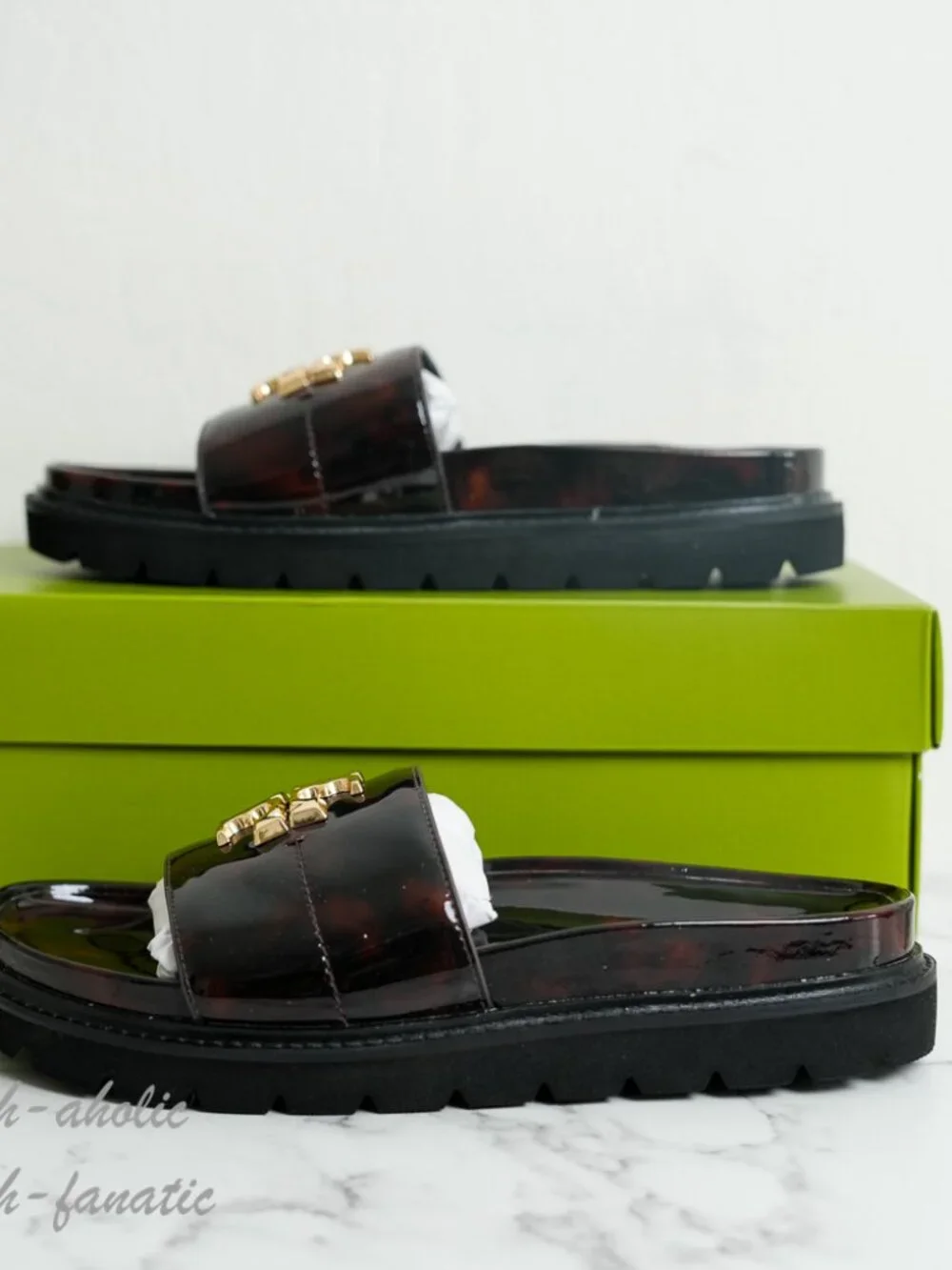 Tory Burch Everly Anatomic Lug Slide Sandal in Tortoise Patent Leather 7/7.5/8